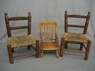2 pine framed childs chairs with woven rush seats &  1 other