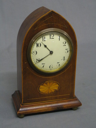 A Swiss 8 day bedroom timepiece with enamelled dial and Arabic numerals, contained in an inlaid mahogany lancet case by Buren