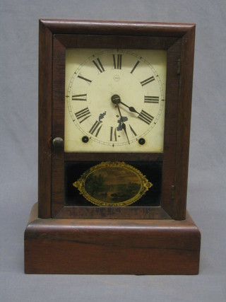 An American 8 day striking shelf clock with square painted dial and Arabic numerals  