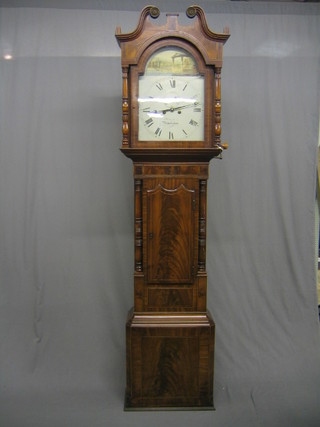 An 18th Century 8 day striking longcase clock, the 14" arched dial painted a classical temple with Roman numerals and minute indicator by Houghton of Rippingham?, contained in an inlaid mahogany case (reduced slightly in height) 86" complete with weights and pendulum