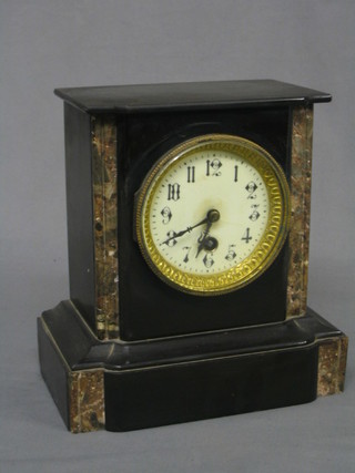 A 19th Century French 8 day mantel clock with enamelled dial and Roman numerals contained in a 2 colour marble architectural case