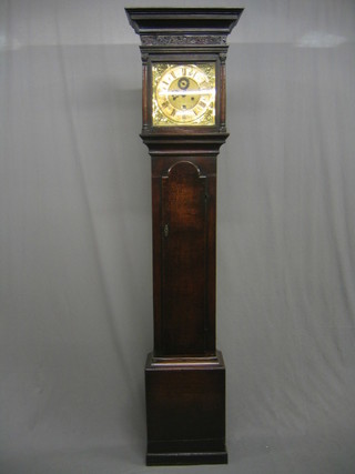 An 18th Century 8 day striking longcase clock, the 11 1/2" brass dial with gilt metal spandrels, minute indicator and calendar aperture by Iain Brener of Darlefstone?, contained in an associated oak case 83"