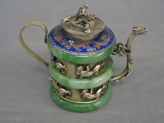 An Oriental green hardstone miniature teapot with "silver" mounts and cloisonne banding 4" 40-60