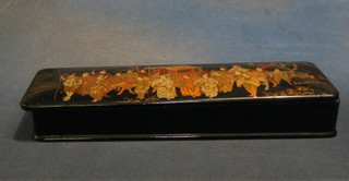 A 19th Century rectangular lacquered glove box, the lid decorated Oriental scene with procession 12"
