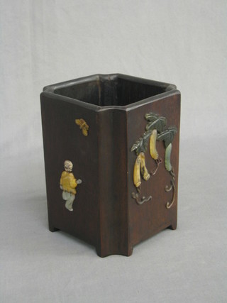 A 19th/20th Century square hardwood planter set a hardstone panel depicting figures playing with fruit and butterflies 7"