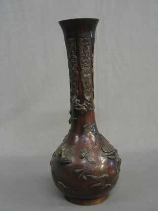 A 19th Century Japanese bronze club shaped vase decorated birds amidst branches, the base with seal mark 16" (drilled for lamp base)
