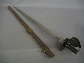 A Georgian cutlass with 29" blade and Crown Royal Cypher, basket hilt complete with seal scabbard (slight hole to base of scabbard)