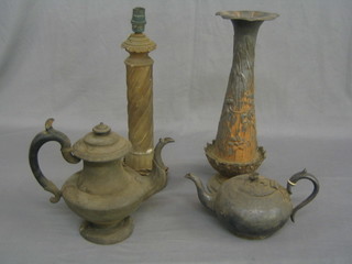 An Art Nouveau gilt painted pewter vase 15", a carved alabaster table lamp 13", a pewter coffee pot and a Britannia metal teapot