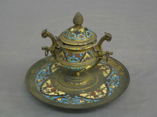 A 19th Century champ leve enamel ink well with hinged lid 6" (lid f)