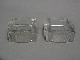 A pair of square Art Deco Lalique style ashtrays, bases signed 4"