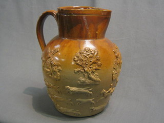 A salt glazed stoneware harvest hunting jug 10"