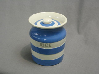 A T G Green blue and white striped storage jar, base with green shield mark 5"