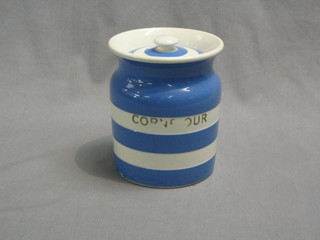 A T G Green & Co Cornish blue and white kitchen storage jar marked Cornflour, the base with green shield mark 6" (some rubbing to marking)