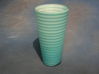 A cylindrical ribbed turquoise Art Glass vase 10" (chip to rim)