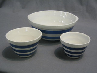 A T G Green & Co blue and white striped mixing bowl 10", base with green shield mark (cracked) together with 2 similar blue and white striped pudding bowls