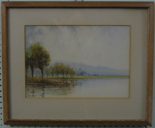 H Dollond-Hulk, watercolour "River with Church and Mountains in Distance" 9" x 13"