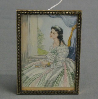A 20th Century portrait miniature on card of a seated Crinoline lady 4" x 3", monogrammed and dated 1966