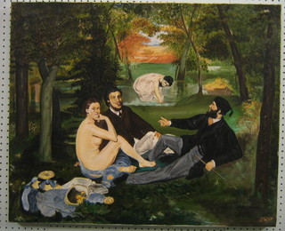 S R P, 20th Century oil on canvas "Seated Gentleman with Naked Lady" 25" x 30" monogrammed