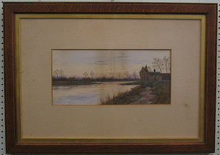 19th Century watercolour "River with House and Buildings" 7" x  15"