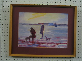 Ronald Ossory Dunlop, impressionist pastel seascape "Beach Scene with Figures and Dogs" 10" x 13" signed