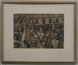James Newton SGA, pen and wash "Ritual", the reverse with label Exhibited at the 1965 Royal Society of British Artists Exhibition 10" x 14"