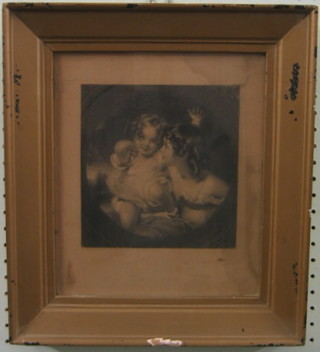 A 19th Century monochrome print after Landseer "Two Young Girls" 7" x 7"