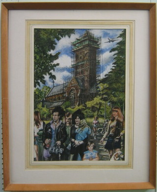 James Newton SGA, watercolour "St Peter's Church Hampstead with Punks" 20" x 13" signed