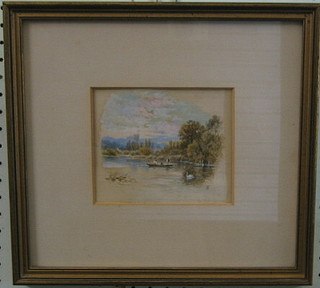 F B, 19th Century watercolour "Figures Punting on a Lake" monogrammed 5" x 6"  