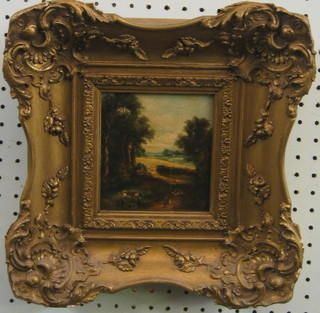 A 19th Century oil on board "Rural Scene with Shepherd Drinking and Driving Sheep" 5" x 4 1/2"