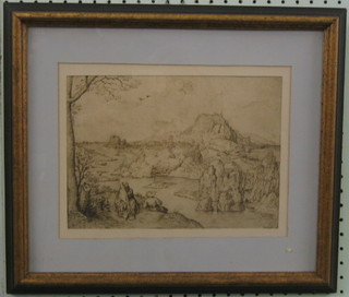 An 18th Century monochrome print "Figures by an Estuary with Mountains and Encampment in Distance" 8" x 11"