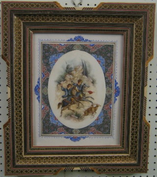 An Eastern watercolour on oval ivory panel "Huntsmen" 8" contained in a Moorish frame