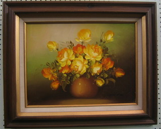 Robert Cox,  20th Century oil on canvas "Vase of Roses" 12" x 15"