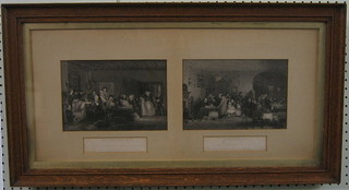 After David Wilkie, a pair of 19th Century  monochrome prints "Reading the Will and Rent Day" 5" x 9" contained in an oak frame