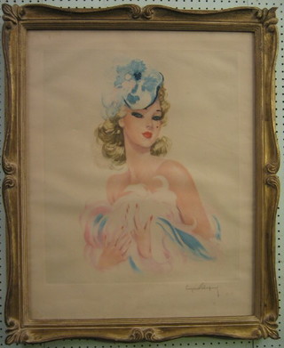 A 1930's French coloured print, head and shoulders portrait "Lady" 21" x 19"