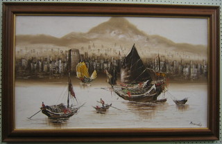 Oil on canvas, Oriental School "Junks and City Scape, Mountain in Distance" 20" x 34" signed