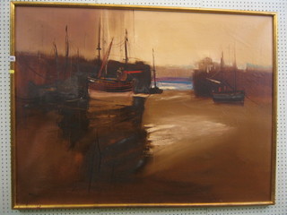 A 20th Century oil painting on canvas "Harbour at Low Tide" 35" x 48"