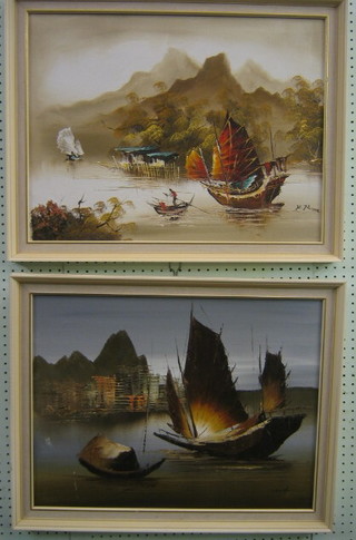 A pair of oil paintings on canvas,  Oriental School, "Study of Junks" 18" x 23"