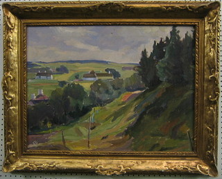 LDS, impressionist oil on canvas "Rural Landscape with Field and Cottages" monogrammed LDS 17" x 24" contained in a decorative gilt frame, marked to the reverse Leon De Smet 1950