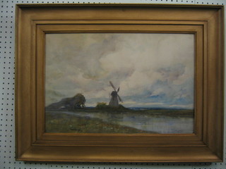 T W Morley, watercolour "Dutch Scene with Windmill" 14" x  21" signed, label to the reverse Eventide Sluice Holland