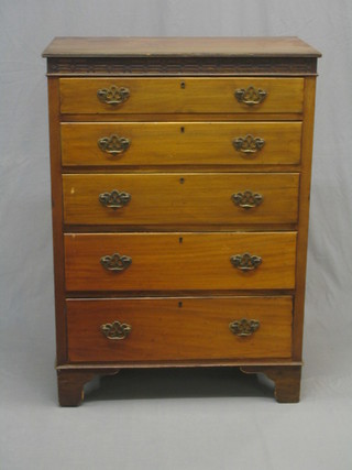 A 1920's Chippendale  style mahogany chest with blind fret work frieze above 5 long drawers, with pierced brass swan neck drop handles, raised on bracket feet 30"