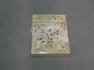 A 19th Century inlaid mother of pearl card case with hinged lid 4", (repair to top right hand corner)