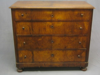 A 19th Century Continental D shaped walnut chest of 4 long drawers with tore handles, raised on bun feet 43"