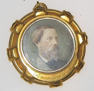 A Victorian gilt metal pendant, the centre with portrait of Florance Lord Boston, the reverse engraved Hedsor Road proved to be private before the Marlow Magistrates May 31st 1869, present H W Cripps Esq QC, Thomas Somers Cook Esq and Colonel Higginson