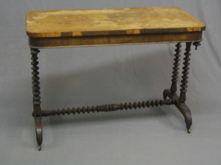 A Victorian rectangular bleached rosewood stretcher table, raised on bobbin turned supports with H framed stretcher (top in requires attention) 39"