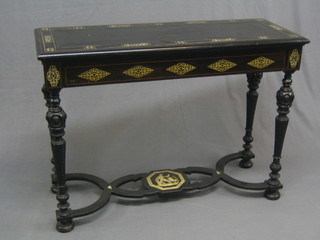 An Italianate ebonised side table inlaid ivory and a figure of a warrior, fitted a drawer, raised on turned supports with X framed stretcher 44" (slight stain to the top)