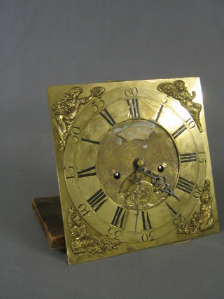 An 18th/19th Century 8 day striking longcase 4 pillar clock movement with strike ratchet mechanism, the 11 1/2" square brass dial with gilt spandrels in the form of reclining ladies depicting The Harvest, marked William Barker of London with calendar aperture, Roman numerals (dial tampered with)