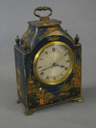 A 1930's French 8 day bedroom clock with silvered dial and Roman numerals contained in a chinoiserie style case, raised on bracket feet