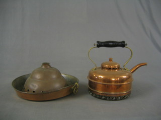 A circular copper kettle 8", a circular shallow dish 12" and a washing dolly head 8"