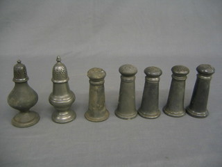 2 pewter sugar sifters and 5 pepper pots