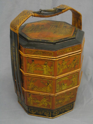 An Eastern octagonal 3 section lacquered food storage jar and cover 17"